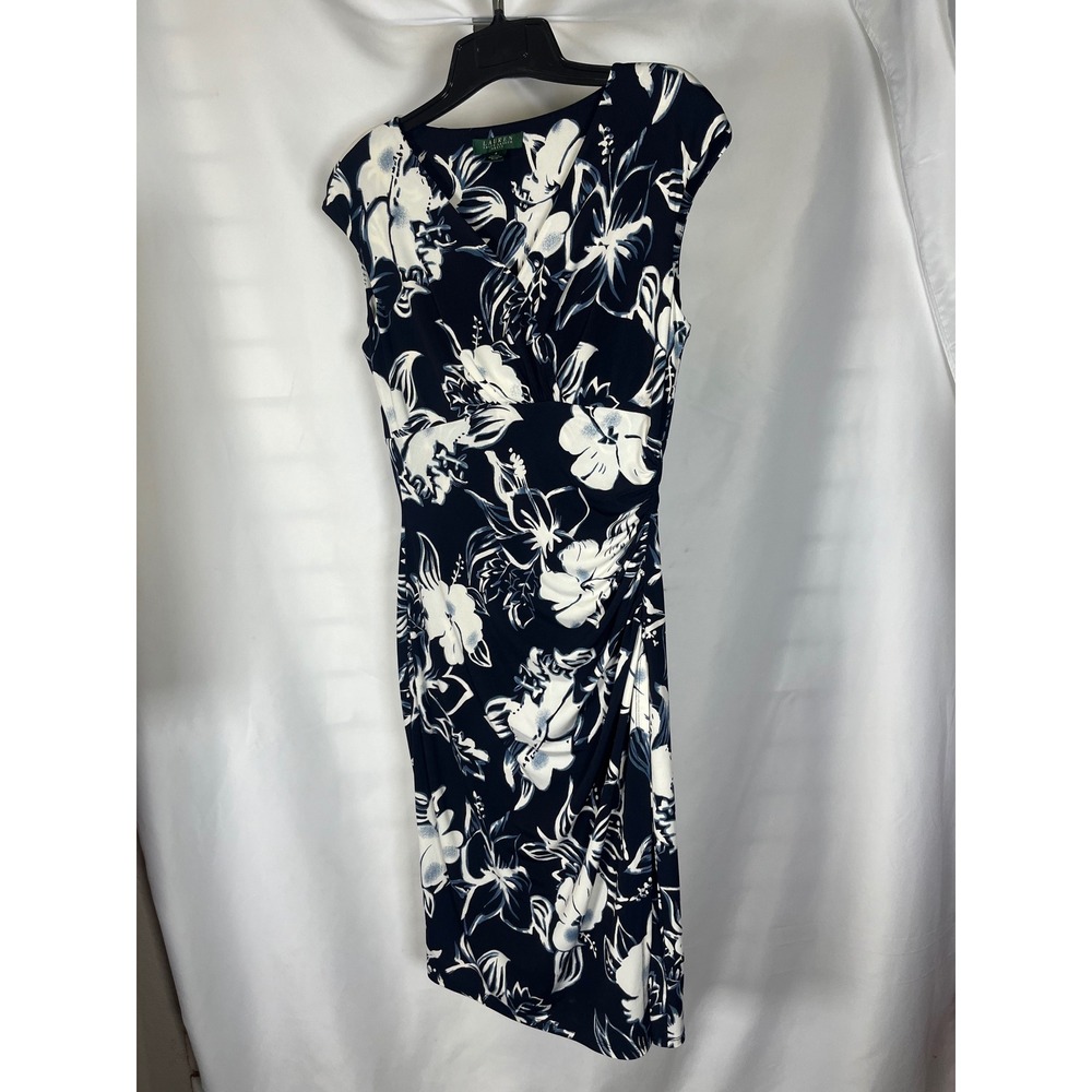 Lauren Ralph‎ Lauren Navy White Floral Hibiscus Ruched Sheath Dress Size 8